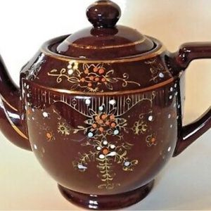 Teapot Japan Porcelain Hand Painted Colorful Raised Design Brown Glaze Vintage